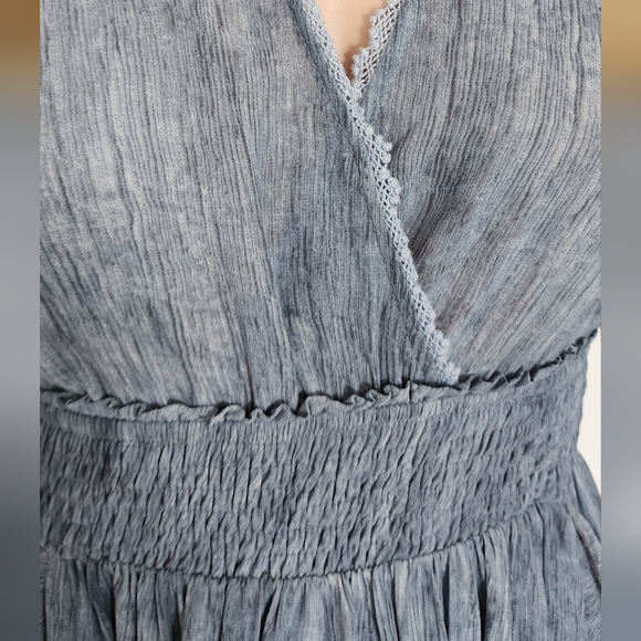 BLUE DRESS MOON RIVER RUFFLES V-NECK OPEN SLEEVES CINCHED WAIST MIDI FULL SKIRT - Picture 12 of 16